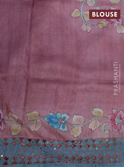 Pure tussar silk saree green and pastel pink with allover kalamkari hand painted prints and embroidery mirror & cut work border