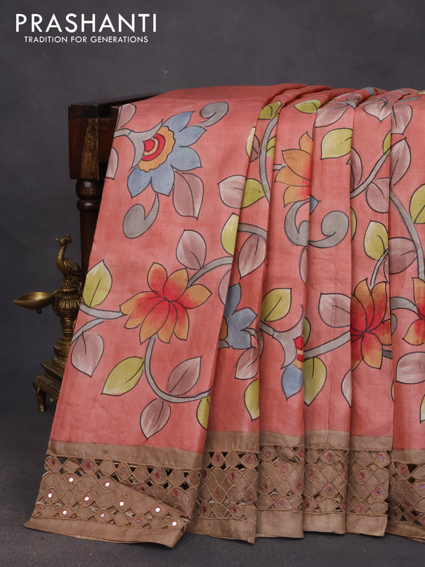 Pure tussar silk saree red shade and brown with allover kalamkari hand painted prints and embroidery mirror & cut work border