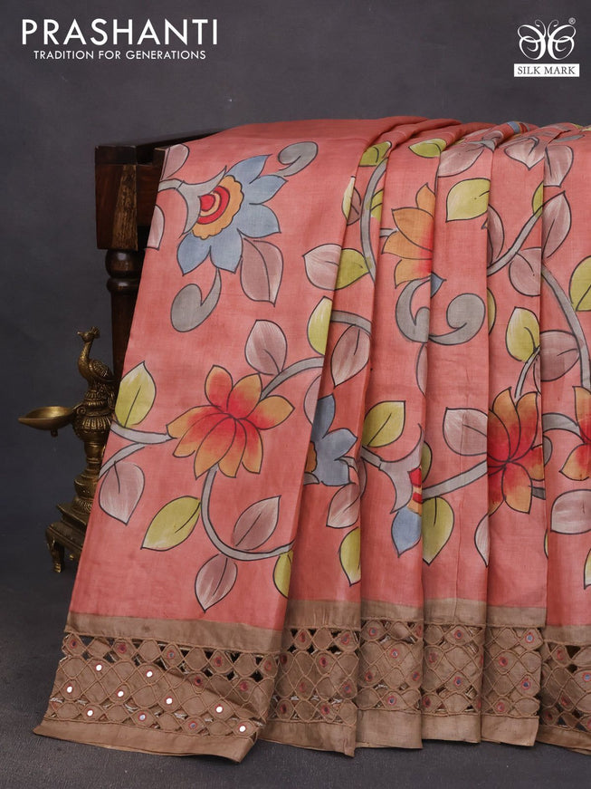 Pure tussar silk saree red shade and brown with allover kalamkari hand painted prints and embroidery mirror & cut work border