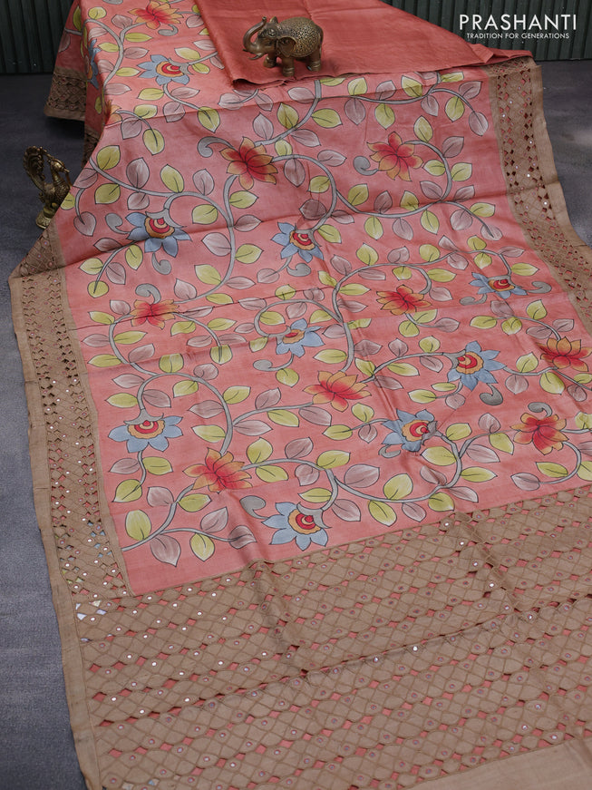 Pure tussar silk saree red shade and brown with allover kalamkari hand painted prints and embroidery mirror & cut work border