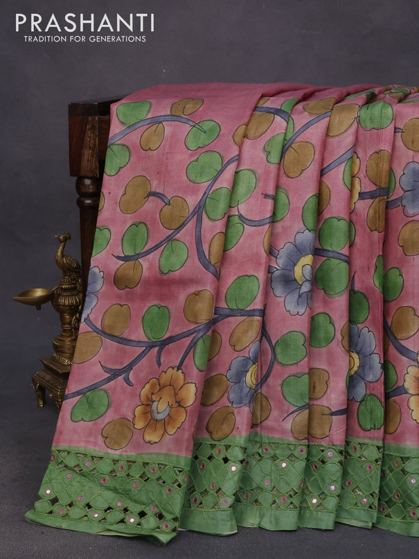 Pure tussar silk saree onion pink and green with allover kalamkari hand painted prints and embroidery mirror & cut work border