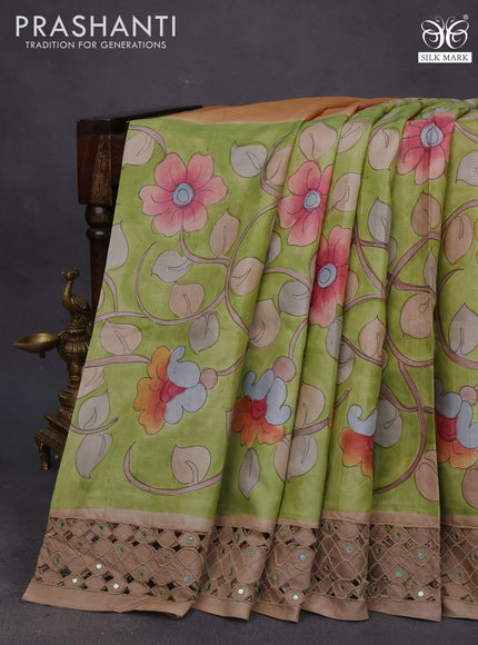 Pure tussar silk saree lime green and brown with allover kalamkari hand painted prints and embroidery mirror & cut work border