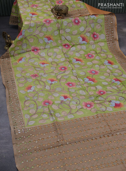 Pure tussar silk saree lime green and brown with allover kalamkari hand painted prints and embroidery mirror & cut work border