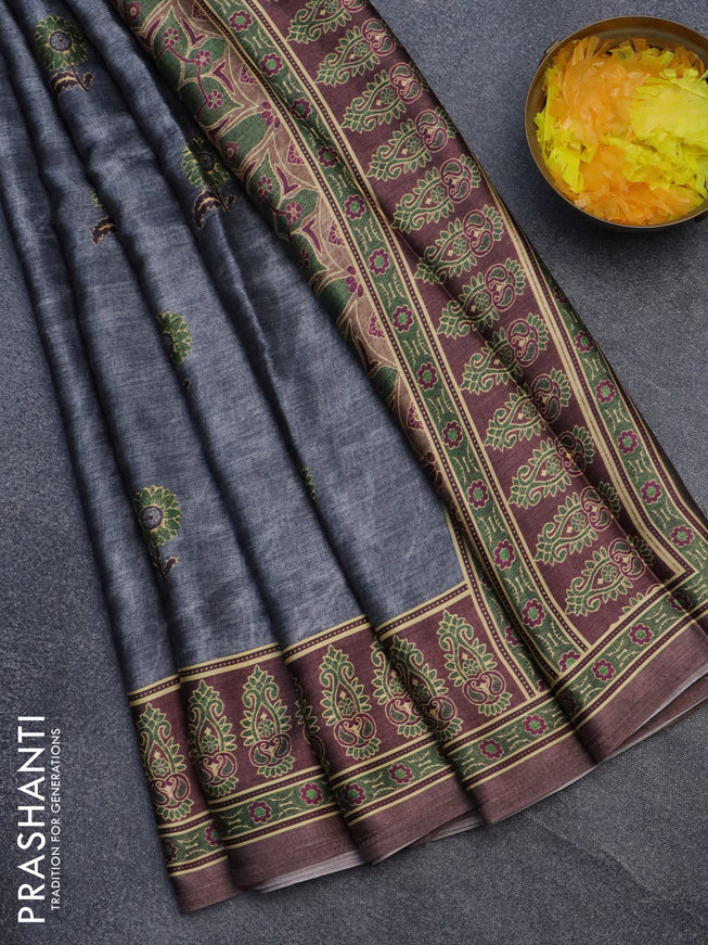 Semi modal saree grey and brown with floral buttas and printed border