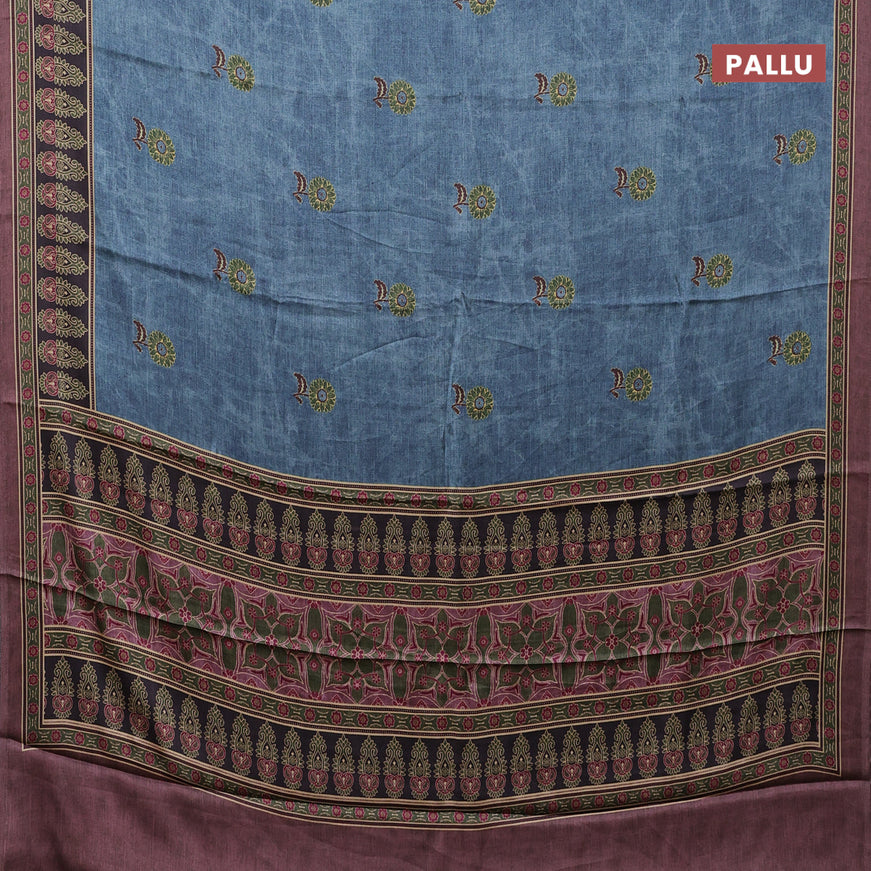 Semi modal saree blue shade and brown with floral buttas and printed border