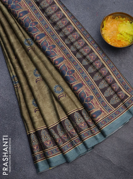 Semi modal saree olive green and greyish green with floral buttas and printed border