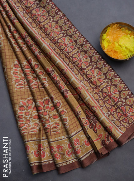 Semi modal saree sandal and brown with butta prints and printed border