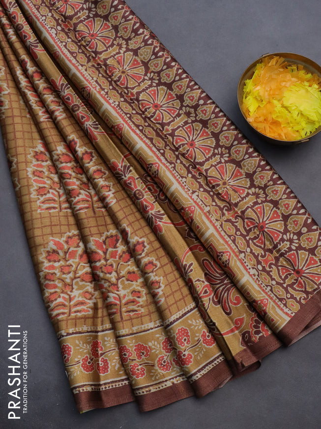 Semi modal saree sandal and brown with butta prints and printed border