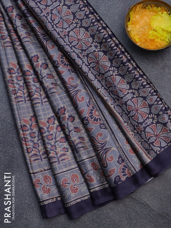 Semi modal saree pastel grey and dark blue with butta prints and printed border