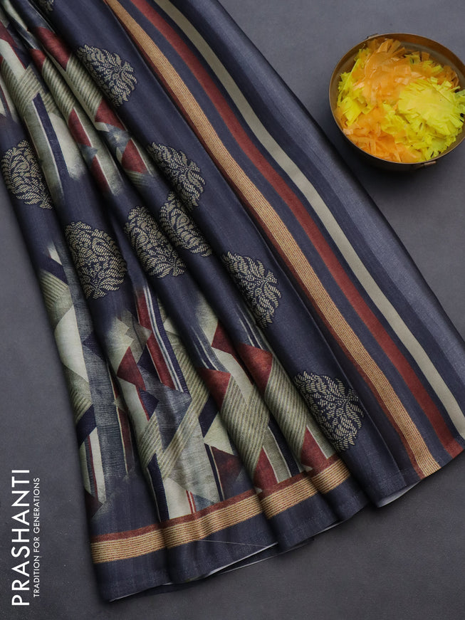 Semi modal saree multi colour and elephant grey with allover prints and printed border