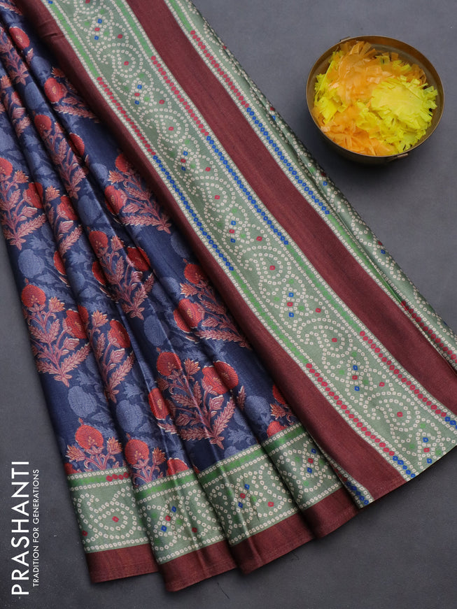 Semi modal saree blue and maroon with floral butta prints and printed border