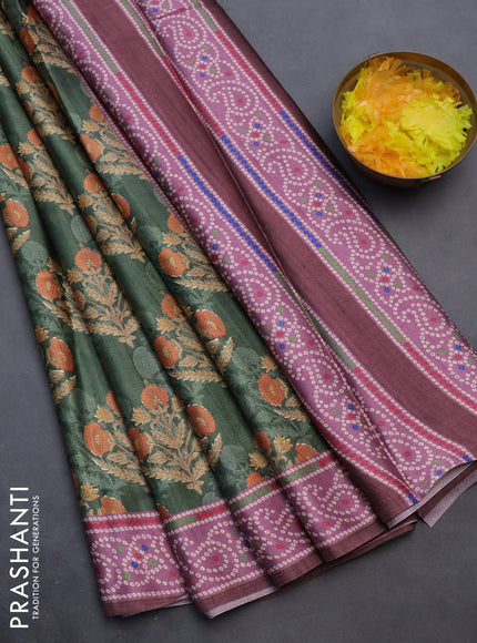 Semi modal saree green and brown with floral butta prints and printed border