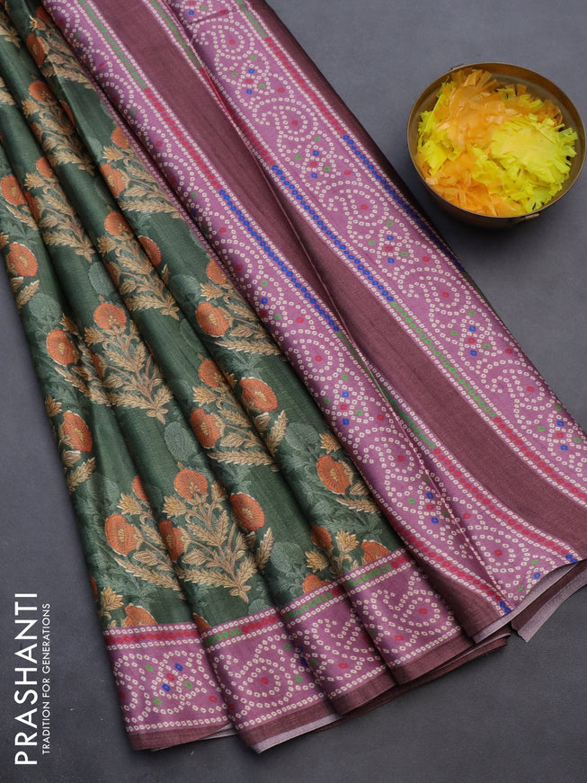 Semi modal saree green and brown with floral butta prints and printed border