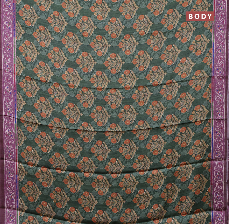 Semi modal saree green and brown with floral butta prints and printed border