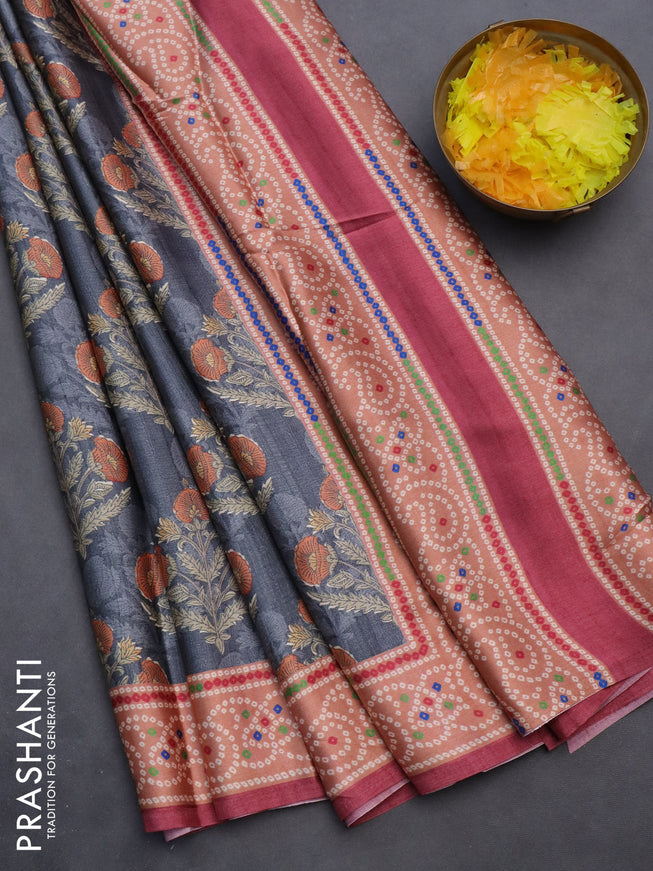 Semi modal saree grey and maroon with floral butta prints and printed border