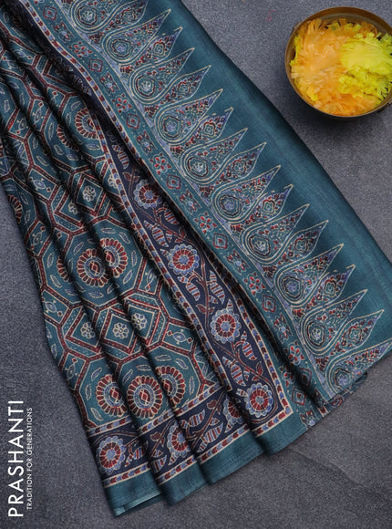 Semi modal saree peacock green with allover ajrakh prints and printed border