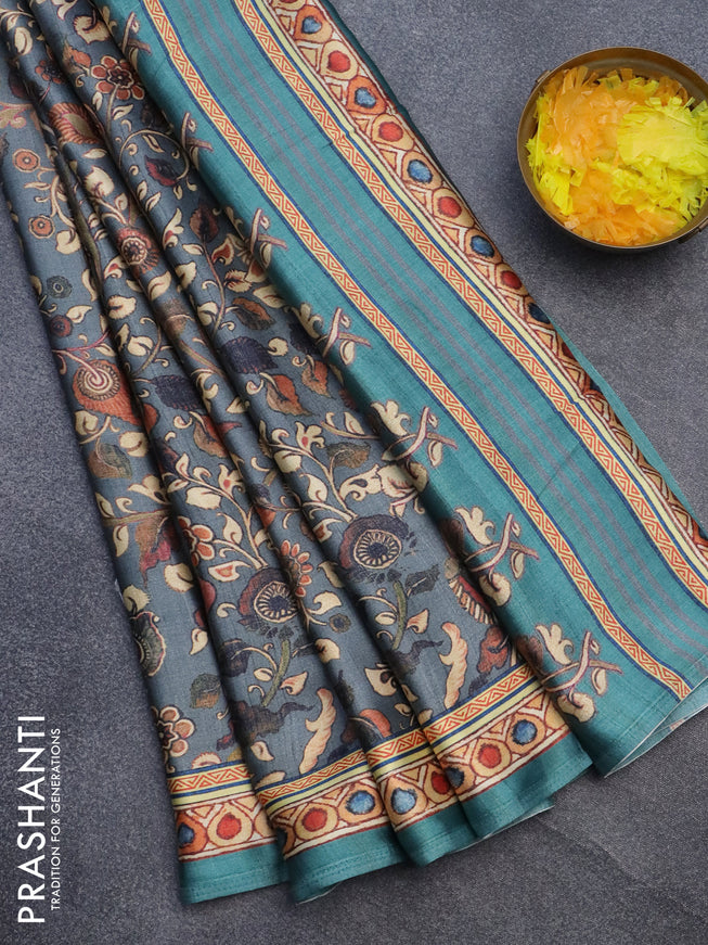 Semi modal saree grey and teal green with allover kalamkari prints and printed border