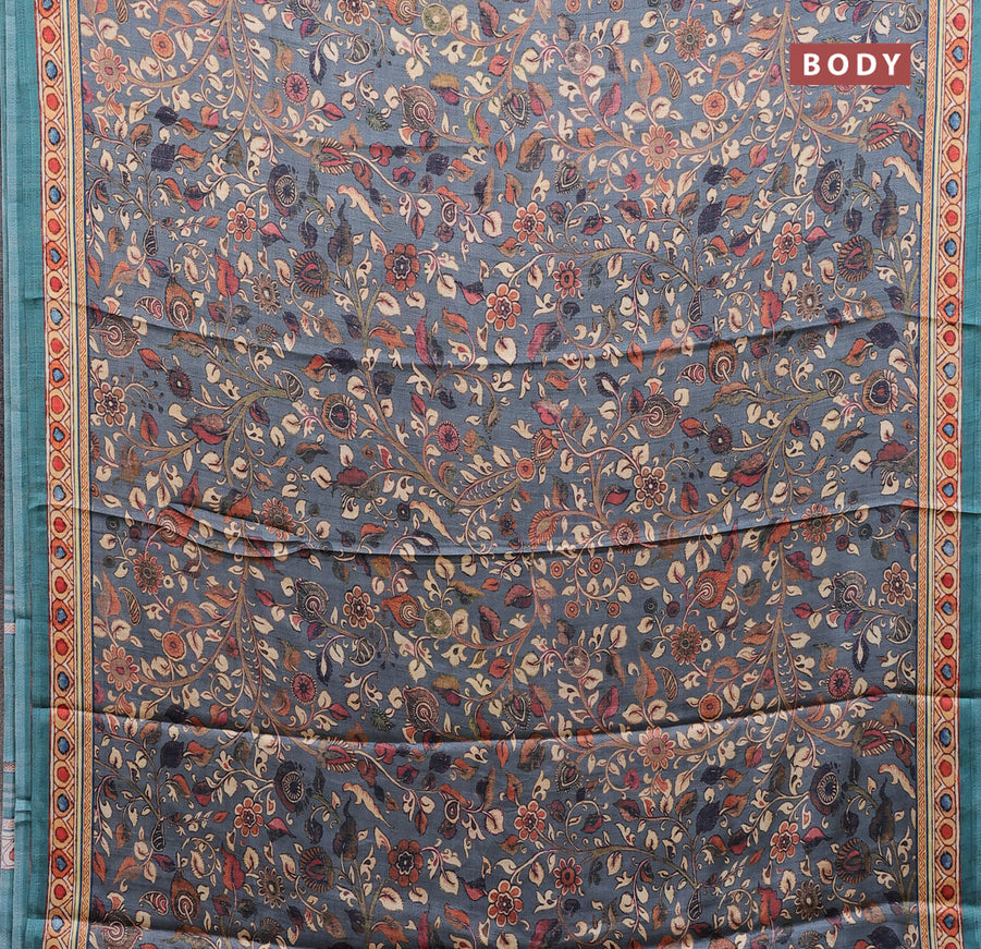 Semi modal saree grey and teal green with allover kalamkari prints and printed border