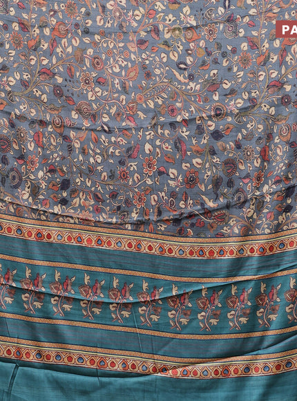 Semi modal saree grey and teal green with allover kalamkari prints and printed border