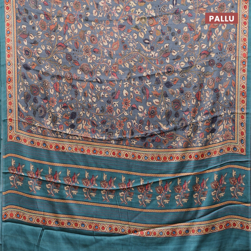 Semi modal saree grey and teal green with allover kalamkari prints and printed border