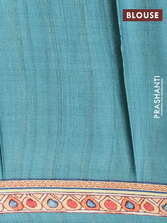 Semi modal saree grey and teal green with allover kalamkari prints and printed border