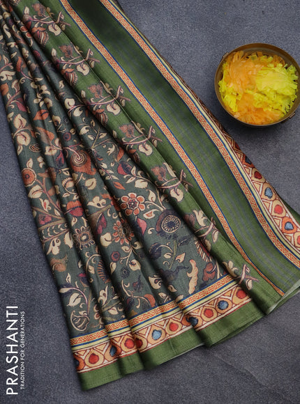 Semi modal saree sap green shade with allover kalamkari prints and printed border