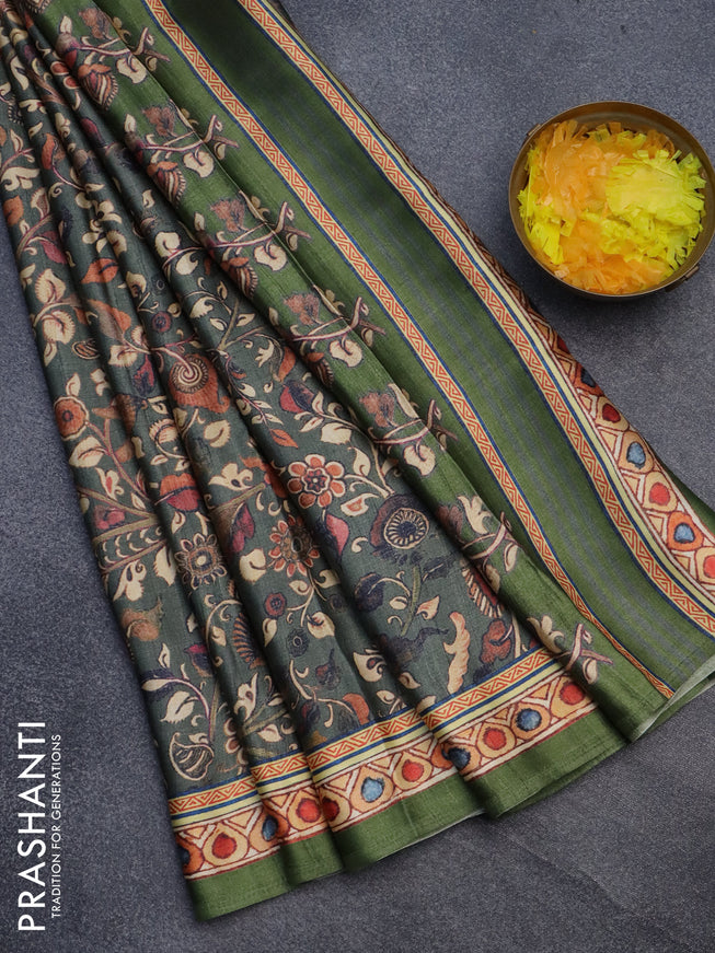 Semi modal saree sap green shade with allover kalamkari prints and printed border