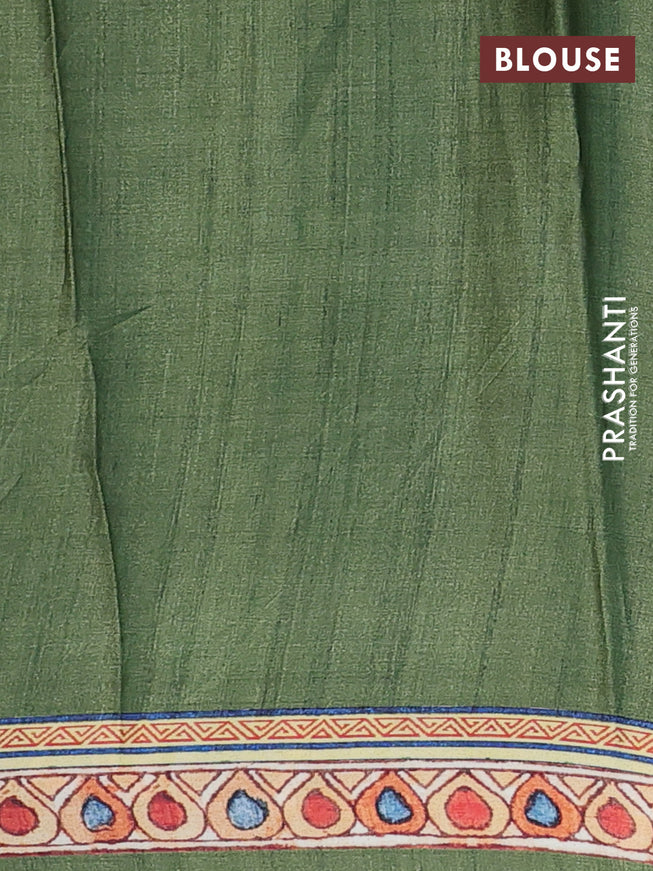 Semi modal saree sap green shade with allover kalamkari prints and printed border