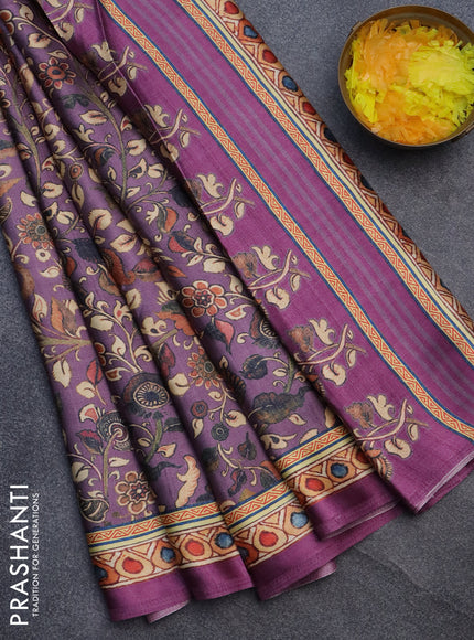 Semi modal saree lavender shade and purple with allover kalamkari prints and printed border