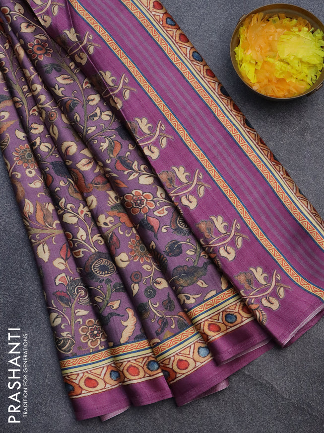 Semi modal saree lavender shade and purple with allover kalamkari prints and printed border