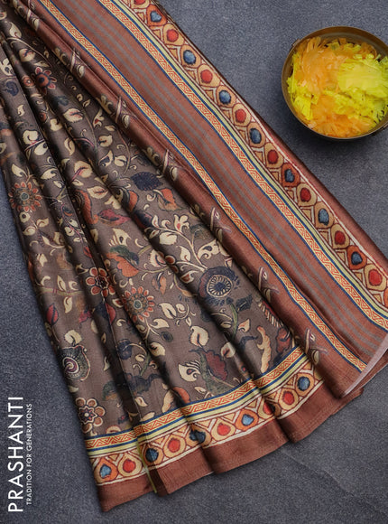 Semi modal saree brown and rust shade with allover kalamkari prints and printed border