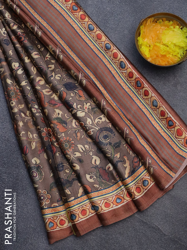 Semi modal saree brown and rust shade with allover kalamkari prints and printed border