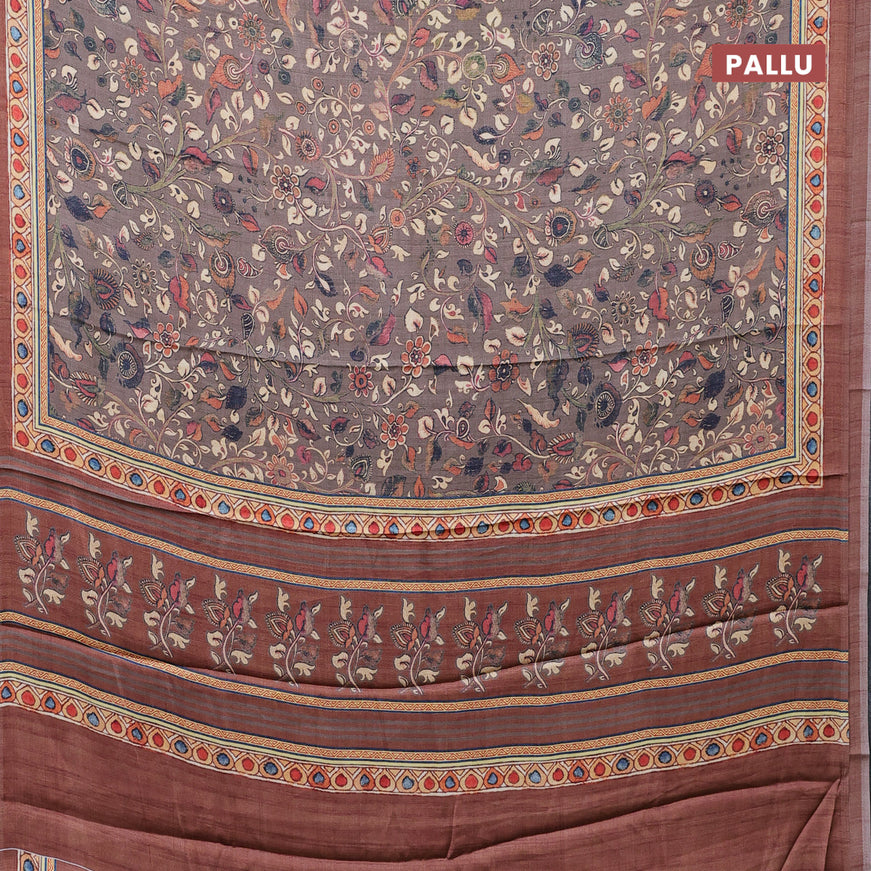 Semi modal saree brown and rust shade with allover kalamkari prints and printed border