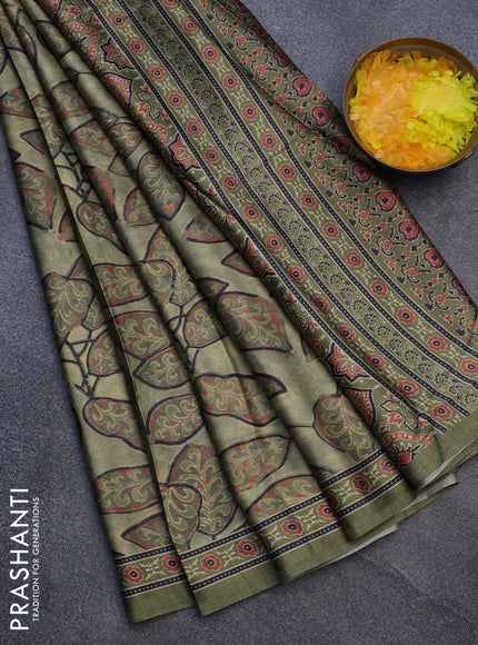 Semi modal saree olive green with allover prints and printed border