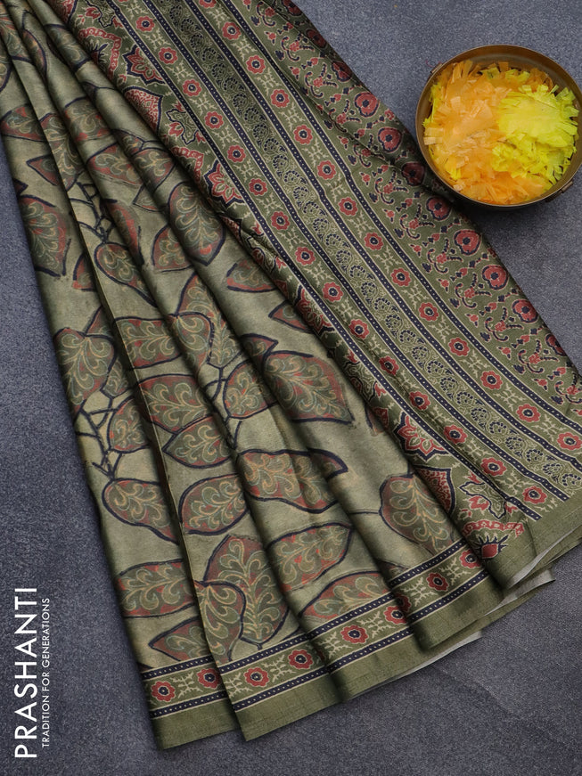 Semi modal saree olive green with allover prints and printed border