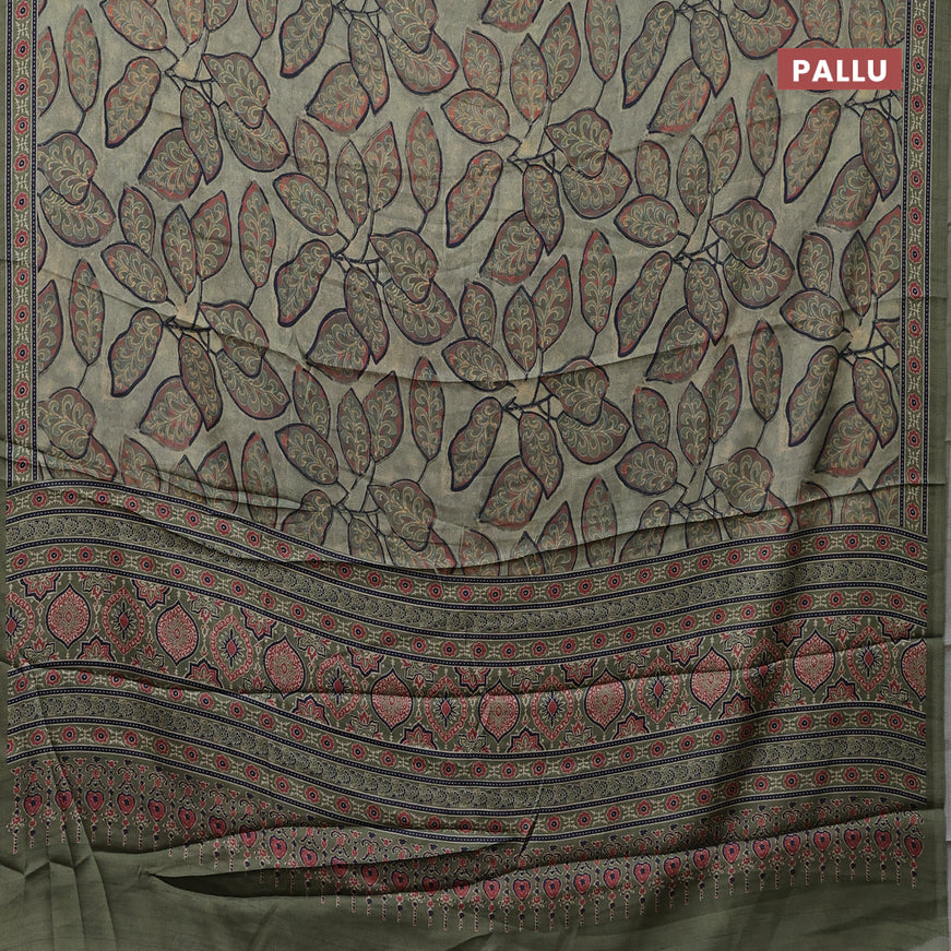 Semi modal saree olive green with allover prints and printed border