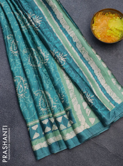 Semi modal saree teal green with allover prints and printed border