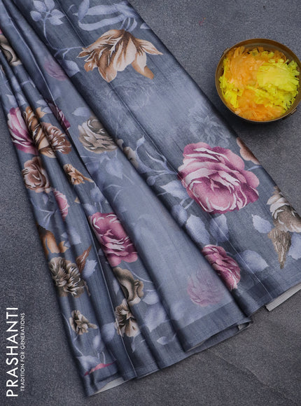 Semi modal saree grey with allover floral prints in borderless style