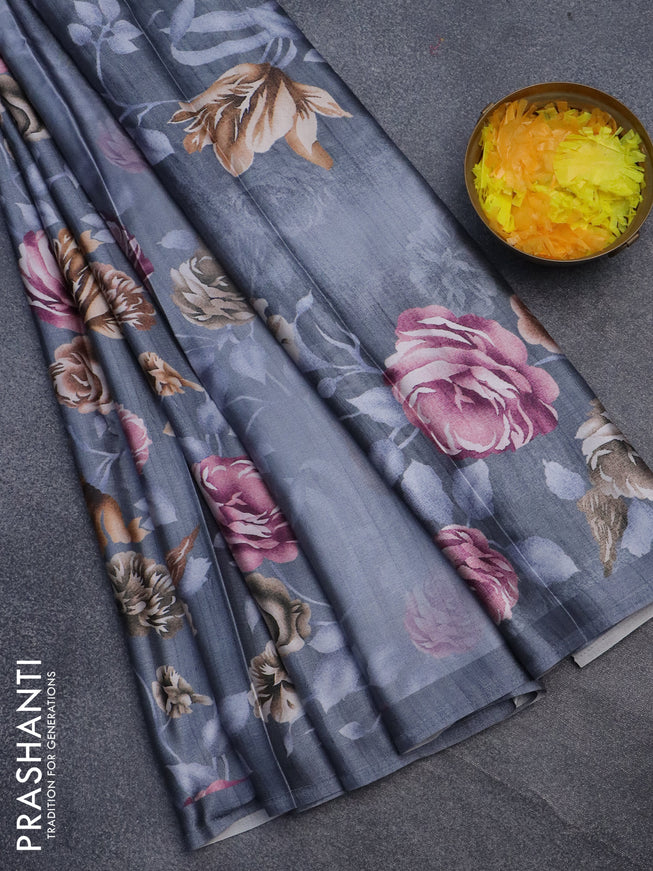 Semi modal saree grey with allover floral prints in borderless style