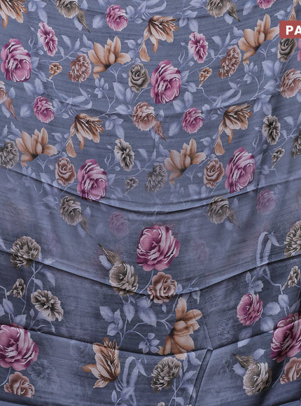 Semi modal saree grey with allover floral prints in borderless style