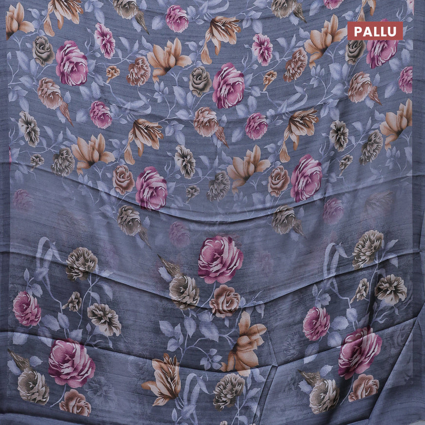 Semi modal saree grey with allover floral prints in borderless style