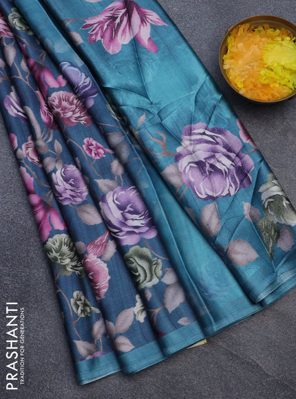 Semi modal saree blue with allover floral prints in borderless style