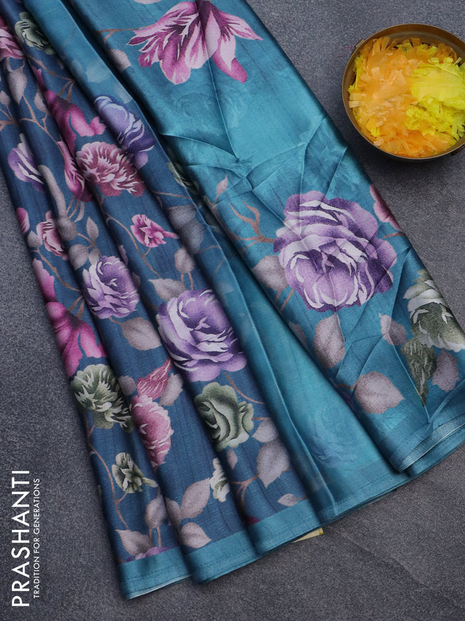 Semi modal saree blue with allover floral prints in borderless style