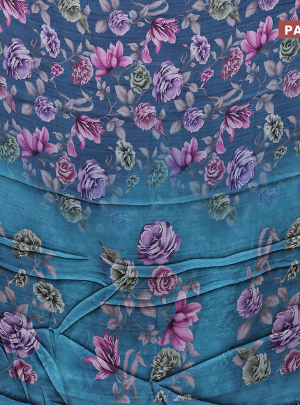 Semi modal saree blue with allover floral prints in borderless style