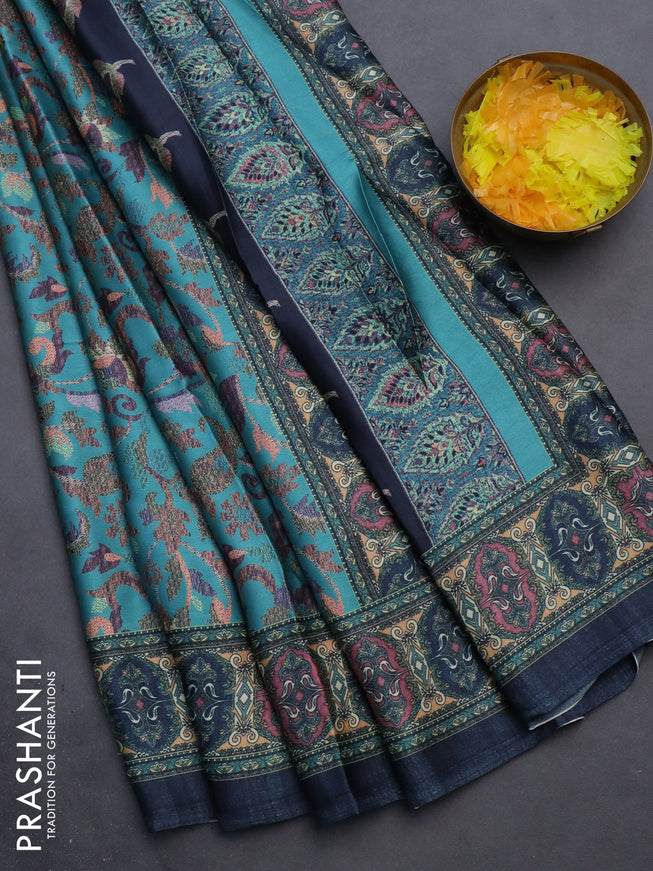 Semi modal saree teal blue with allover prints and printed border