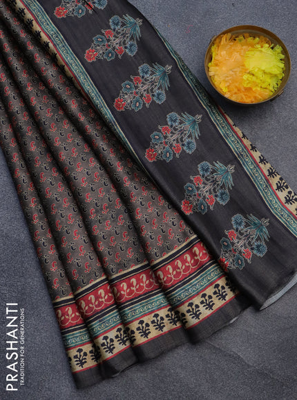 Semi modal saree grey with allover prints and printed border