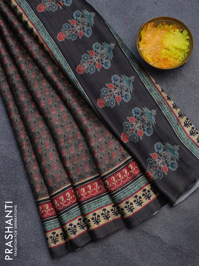 Semi modal saree grey with allover prints and printed border