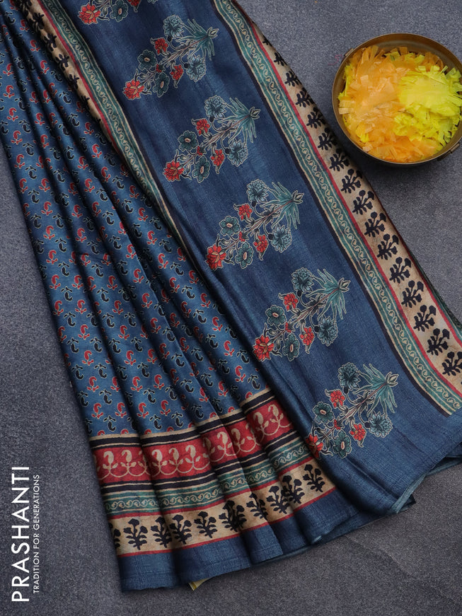 Semi modal saree blue with allover prints and printed border