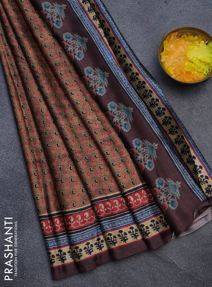 Semi modal saree brown with allover prints and printed border