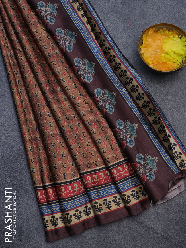 Semi modal saree brown with allover prints and printed border